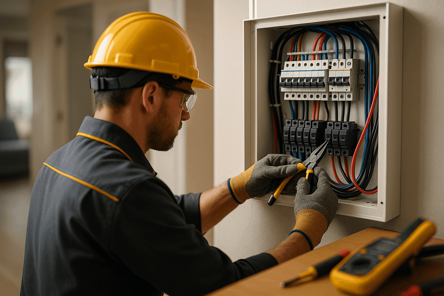 Residential electrician wearing safety gear working on a clean home electrical panel in Washington