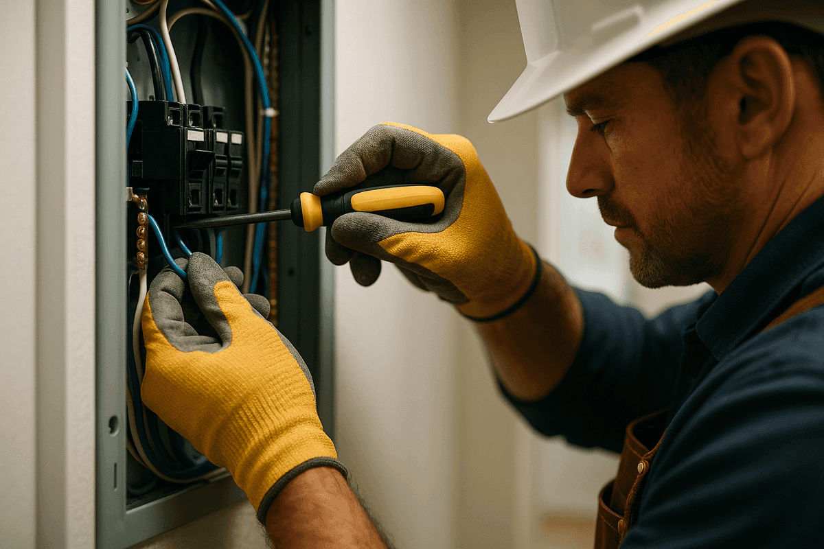 Close-up of electrician’s gloved hands connecting wires inside a residential electrical panel in Washington