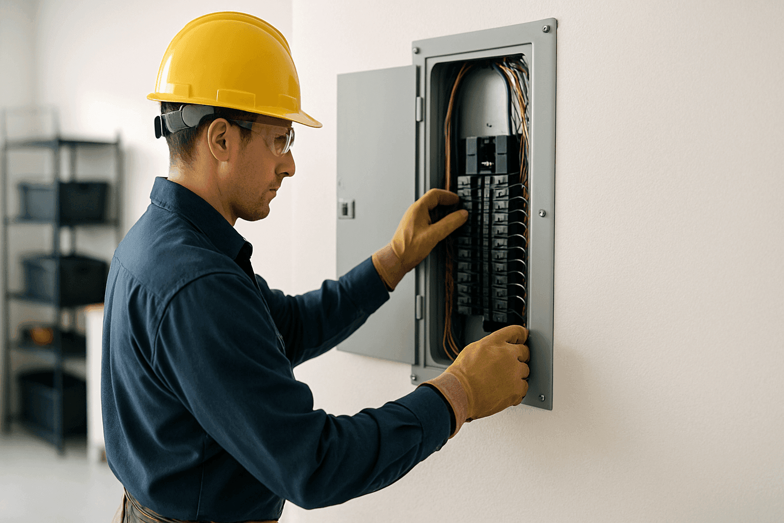Electrician inspecting electrical panel in well-lit residential garage