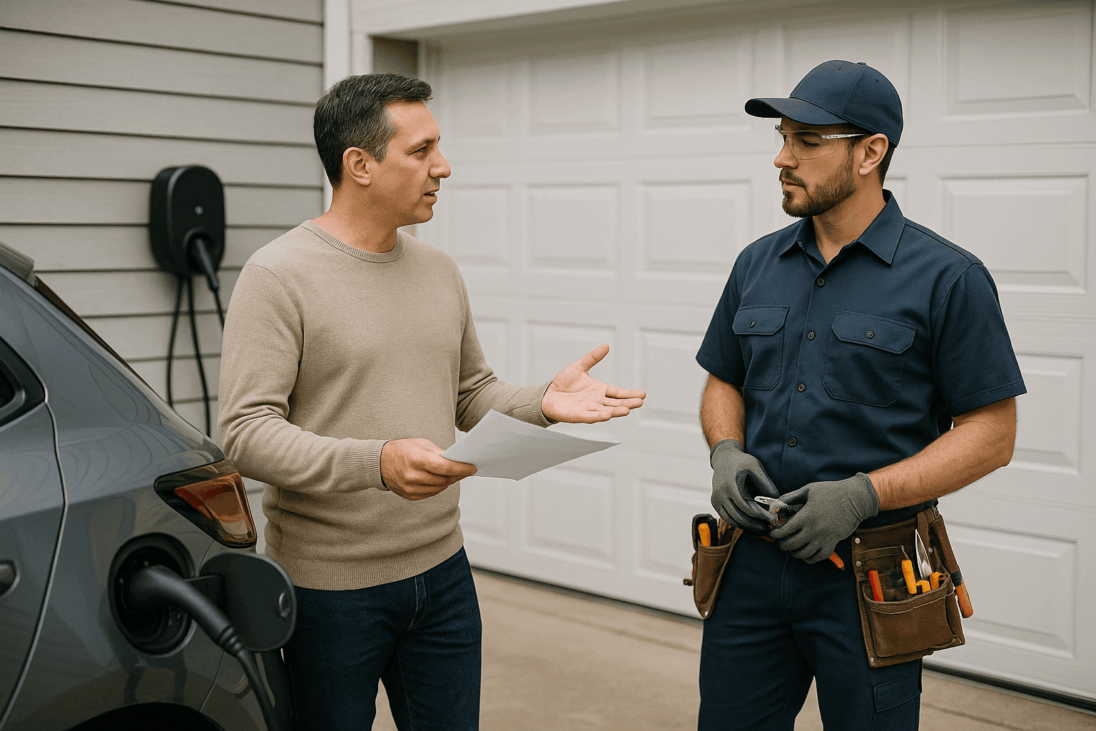 Electrician advising homeowner on EV charger installation beside electric vehicle