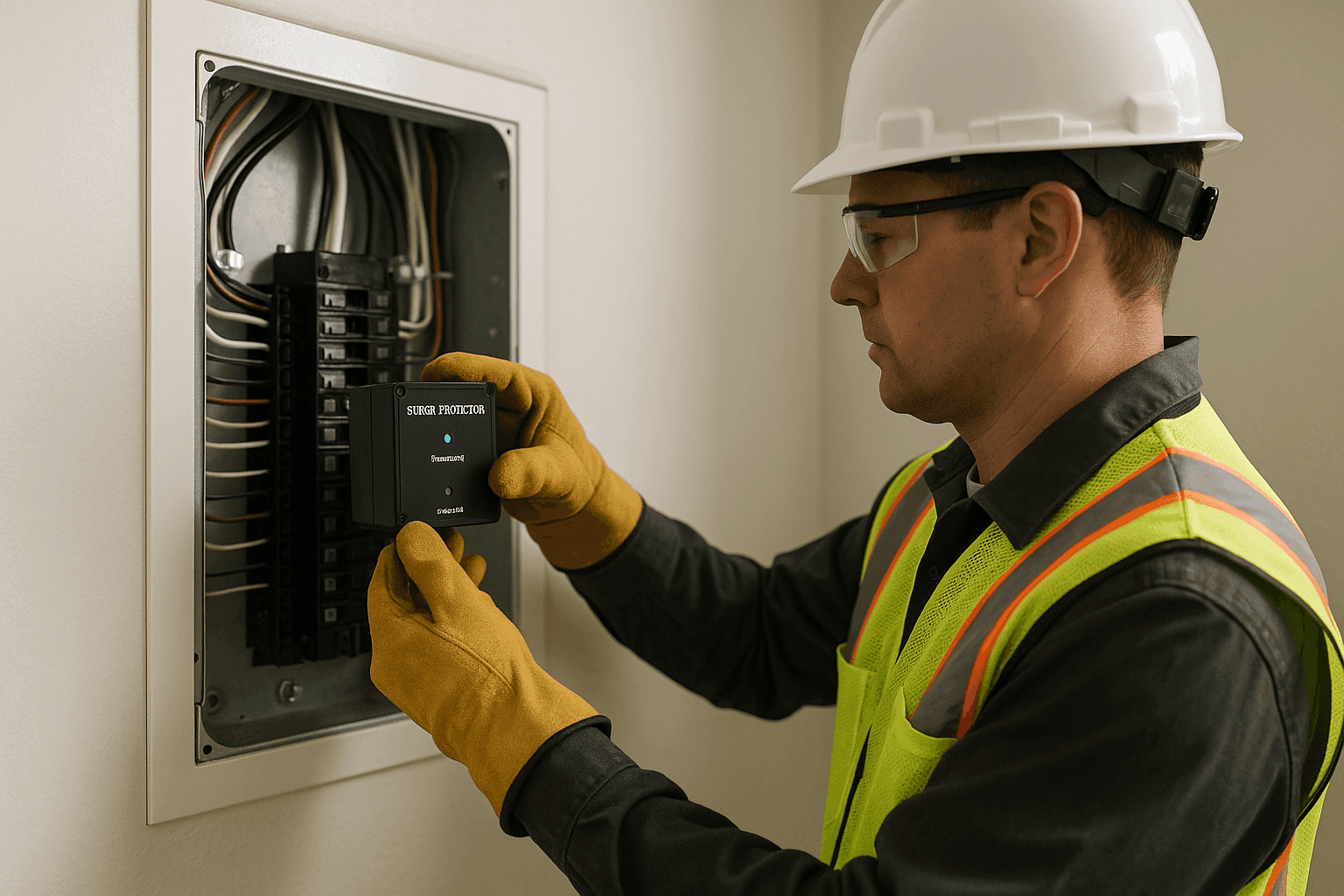 Electrician installing surge protector in modern home electrical panel